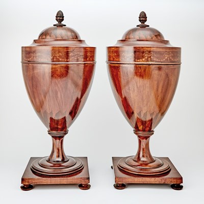 Lot 270 - Pair of George III Style Inlaid Mahogany Cutlery Urns