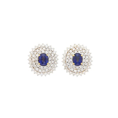 Lot 64 - Pair of Two-Color Gold, Sapphire and Diamond Earrings