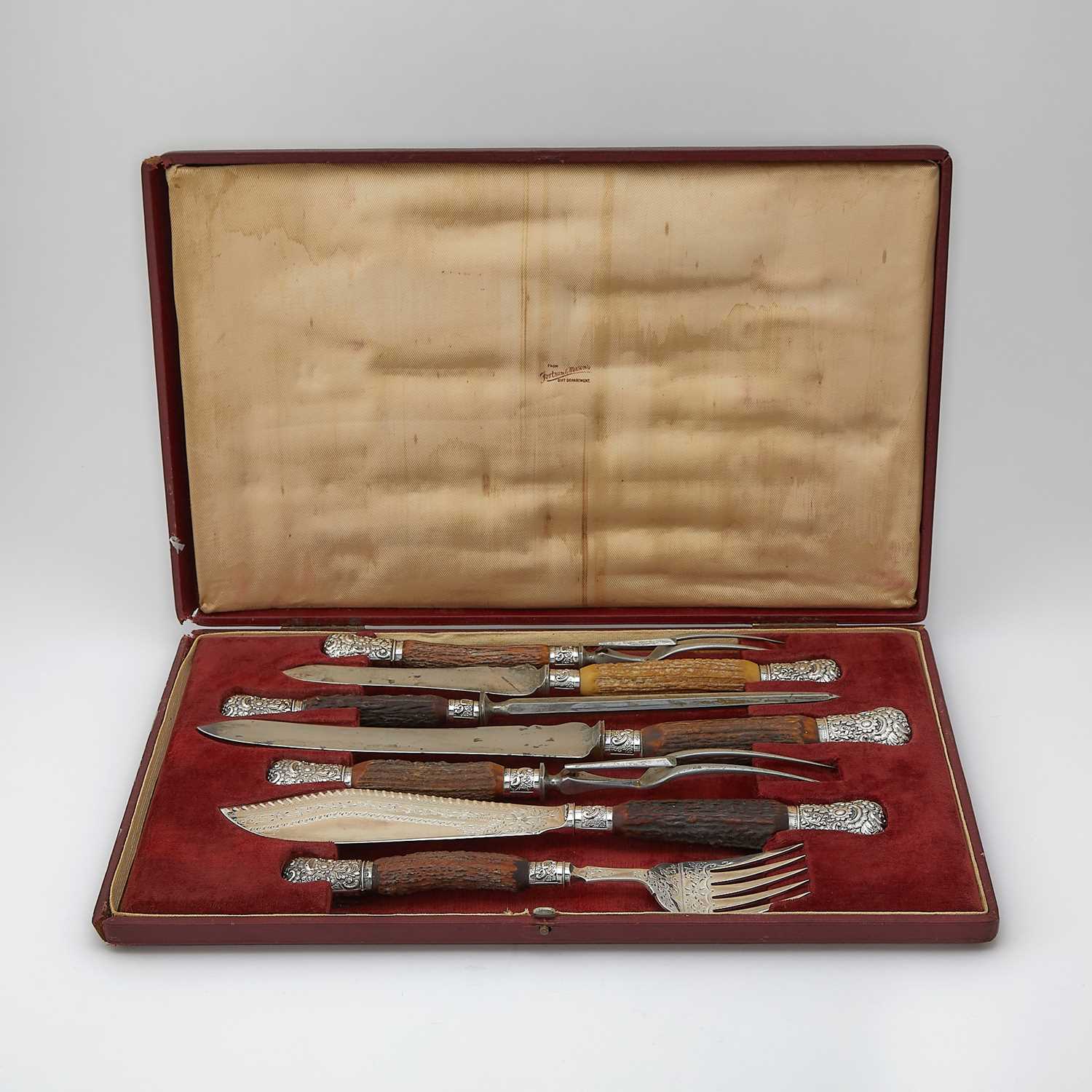 Lot 234 - Cased English Silver Plate Mounted Antler Seven Piece Carving Set