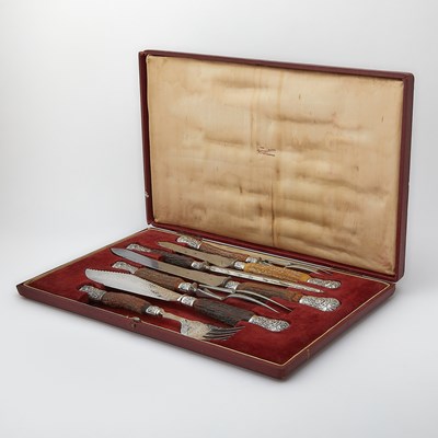 Lot 234 - Cased English Silver Plate Mounted Antler Seven Piece Carving Set