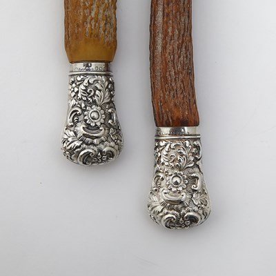 Lot 234 - Cased English Silver Plate Mounted Antler Seven Piece Carving Set