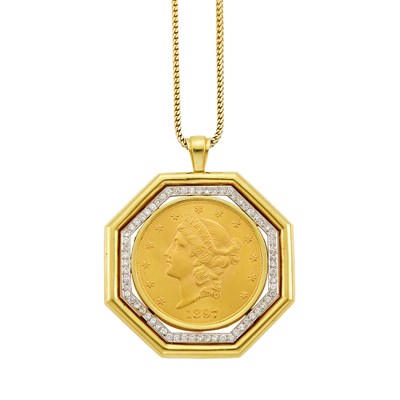 Lot 1019 - Two-Color Gold, United States Gold Coin and Diamond Pendant with Gold Chain Necklace