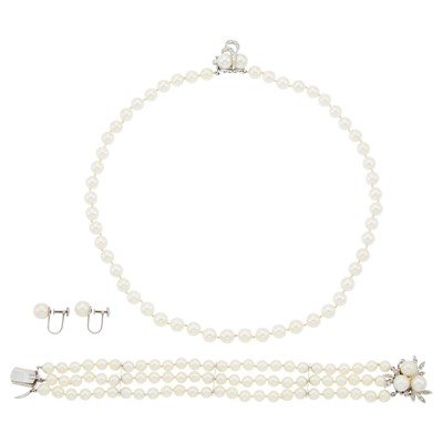 Lot 1097 - Cultured Pearl, White Gold and Diamond Necklace, Triple Strand Bracelet and Pair of Earclips