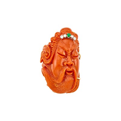 Lot 3239 - Gold, Carved Coral, Diamond and Emerald Pendant-Brooch
