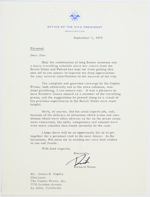 Lot 330 - Nixon thanks a conservative newspaperman following the "Kitchen Debate" in the Soviet Union