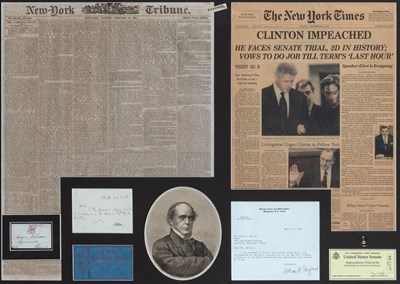 Lot 326 - A framed display of impeachment artifact from Andrew Johnson and Bill Clinton