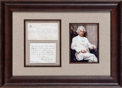 Lot 160 - Two signed notes by Mark Twain, framed together
