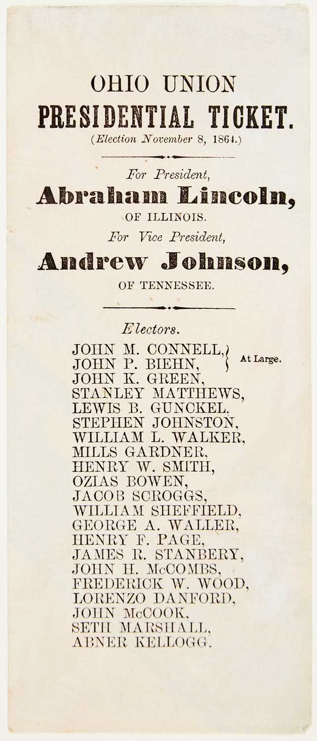 Lot 28 - An unusual "wallpaper" example of the 1864 Lincoln and Johnson Ohio Union Presidential Ticket