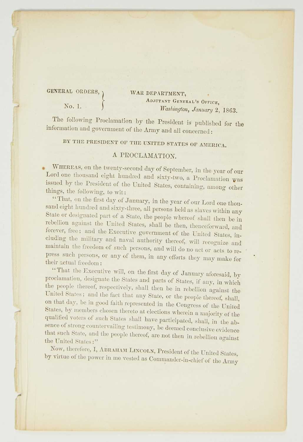 Lot 29 - The first official printing of the Emancipation Proclamation for the Union Army