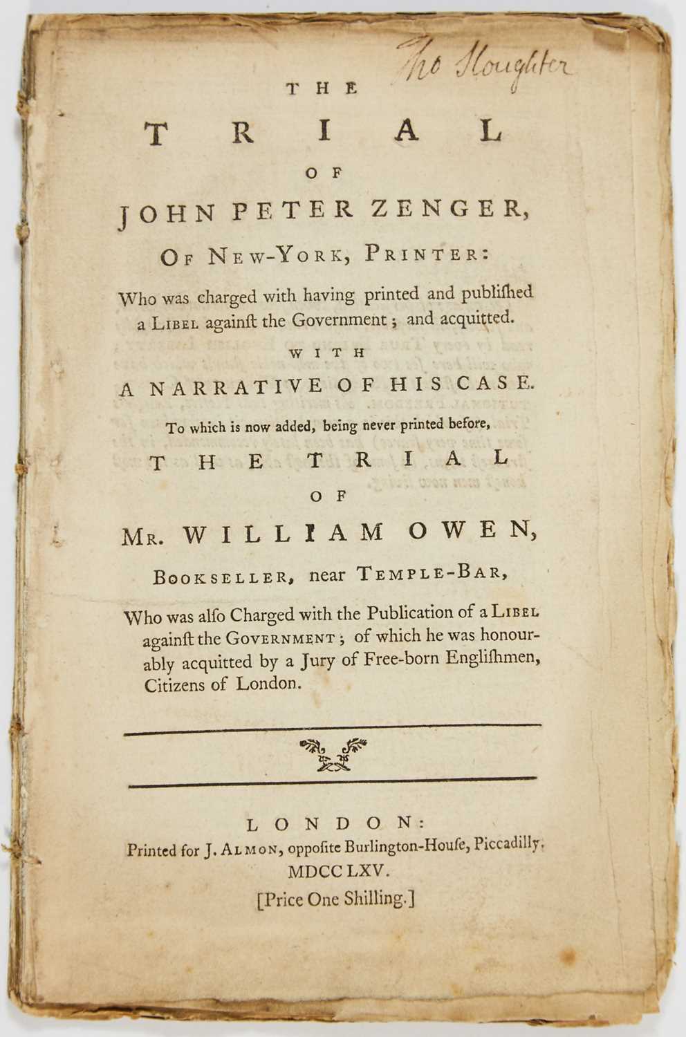 Lot 44 - Almon's edition of the trial of John Peter Zenger