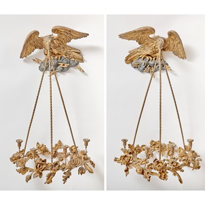 Lot 549 - Pair of Regency Style Gilt and Ebonized Wood Four-Light Hanging Wall Sconces