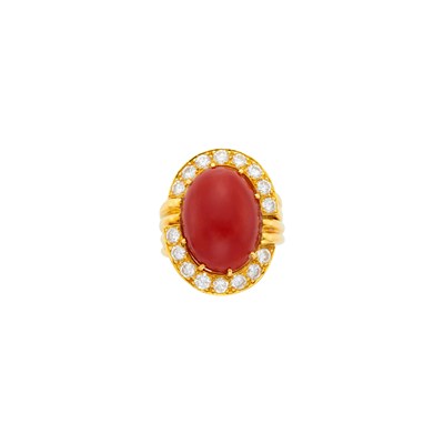 Lot 6 - Gold, Oxblood Coral and Diamond Ring