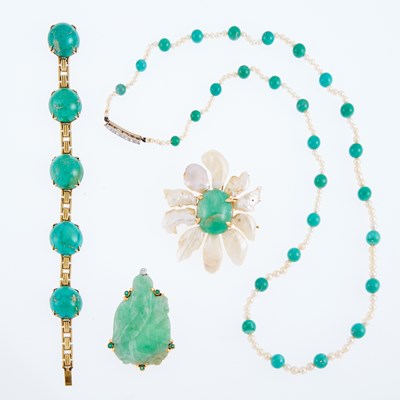 Lot 1143 - Group of Gold, Turquoise, Cabochon Emerald, Baroque Pearl, Carved Jade and Bead Jewelry
