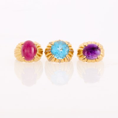 Lot 1220 - Three Gold, Gem-Set and Diamond Bombé Rings