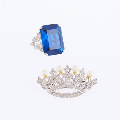 Lot 1116 - White Gold, Cultured Pearl and Diamond Crown Brooch and Platinum, Synthetic Stone and Diamond Ring