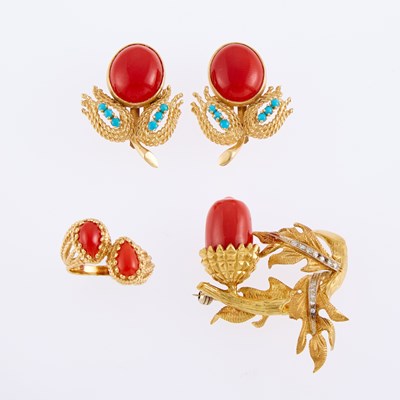 Lot 1186 - Gold, Coral and Turquoise Brooch, Ring and Pair of Earclips