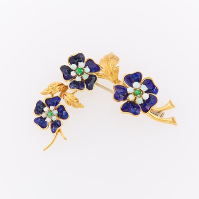 Lot 1179 - Gold, Enamel, Opal and Emerald Flower Brooch