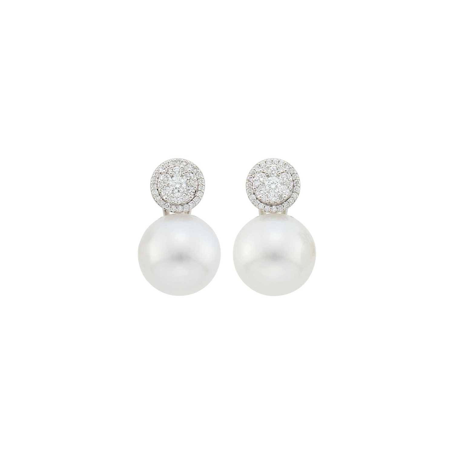 Lot 83 - Pair of White Gold, Diamond and South Sea Cultured Pearl Earrings