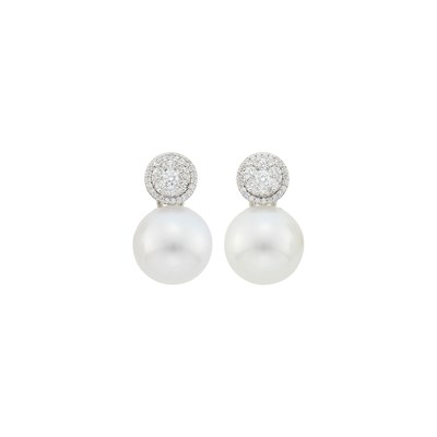 Lot 83 - Pair of White Gold, Diamond and South Sea Cultured Pearl Earrings