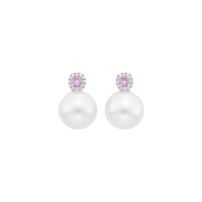 Lot 1074 - Pair of White Gold, South Sea Cultured Pearl, Pink Sapphire and Diamond Pendant-Earrings