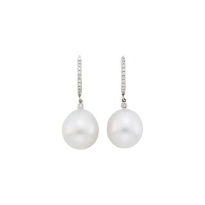 Lot 102 - Pair of White Gold, South Sea Cultured Pearl and Diamond Pendant-Earrings