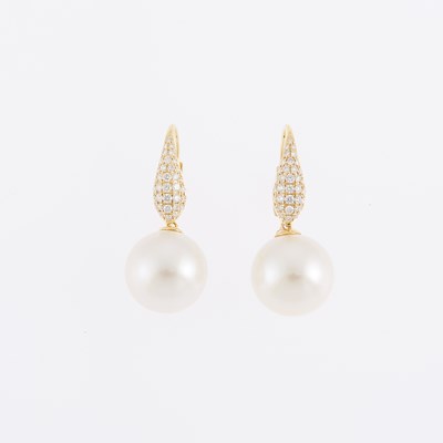 Lot 1060 - Pair of Gold, Freshwater Pearl and Diamond Pendant-Earrings