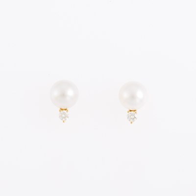 Lot 1055 - Pair of Gold, Cultured Pearl and Diamond Earrings