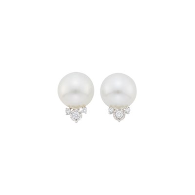 Lot 65 - Pair of White Gold, South Sea Cultured Pearl and Diamond Earrings