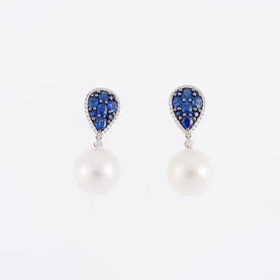 Lot 1229 - Pair of White Gold, South Sea Cultured Pearl, Sapphire and Diamond Pendant-Earrings