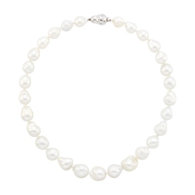 Lot 100 - Baroque South Sea Cultured Pearl Necklace with White Gold and Diamond Clasp