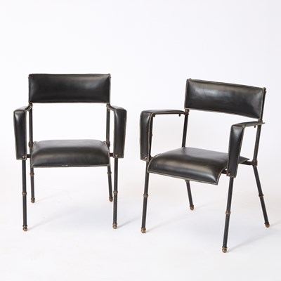 Lot 184 - Pair of Saddle Stitched Leather, Brass and Steel Open Armchairs, Attributed to Jacques Adnet