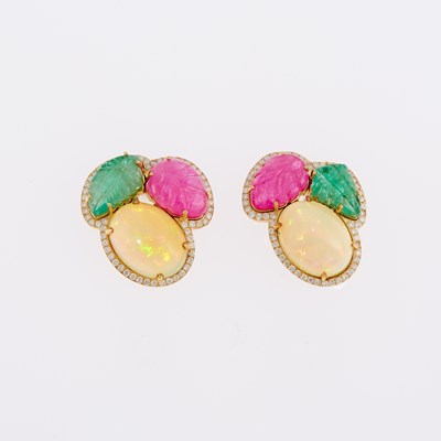 Lot 1213 - Pair of Gold, Opal, Carved Ruby and Emerald and Diamond Earrings