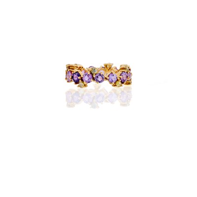 Lot 1013 - Gold, Pink Sapphire and Colored Diamond Band Ring