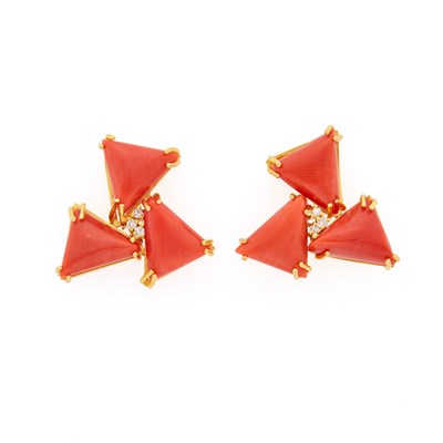 Lot 1033 - Pair of Gold, Coral and Diamond Earrings