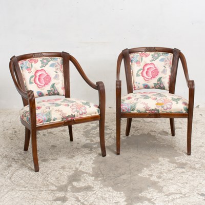 Lot 389 - Pair of Mahogany Floral Upholstered Armchairs