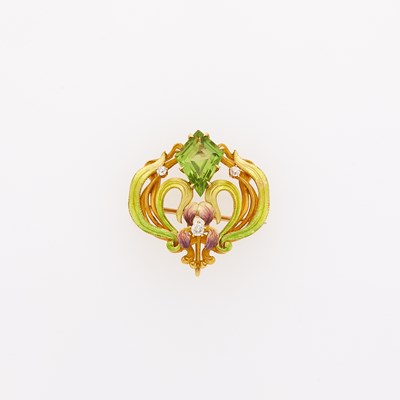 Lot 1112 - Art Nouveau Gold, Enamel, Peridot and Diamond Pendant-Brooch