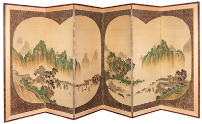 Lot 84 - Japanese Painted Byobu Six-Fold Screen