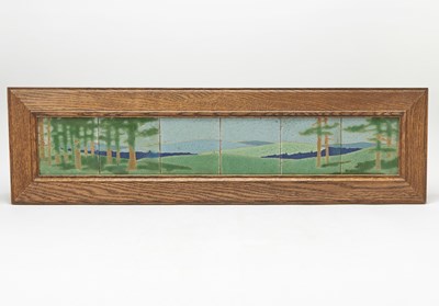 Lot 153 - Set of Six Grueby Faience Co. Arts & Crafts Scenic Faience Tiles Entitled "The Pines"