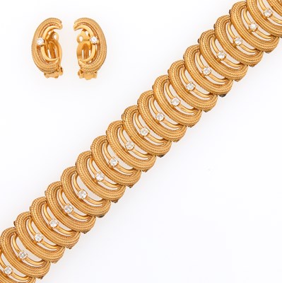 Lot 1161 - Gold and Diamond Bracelet and Pair of Earclips