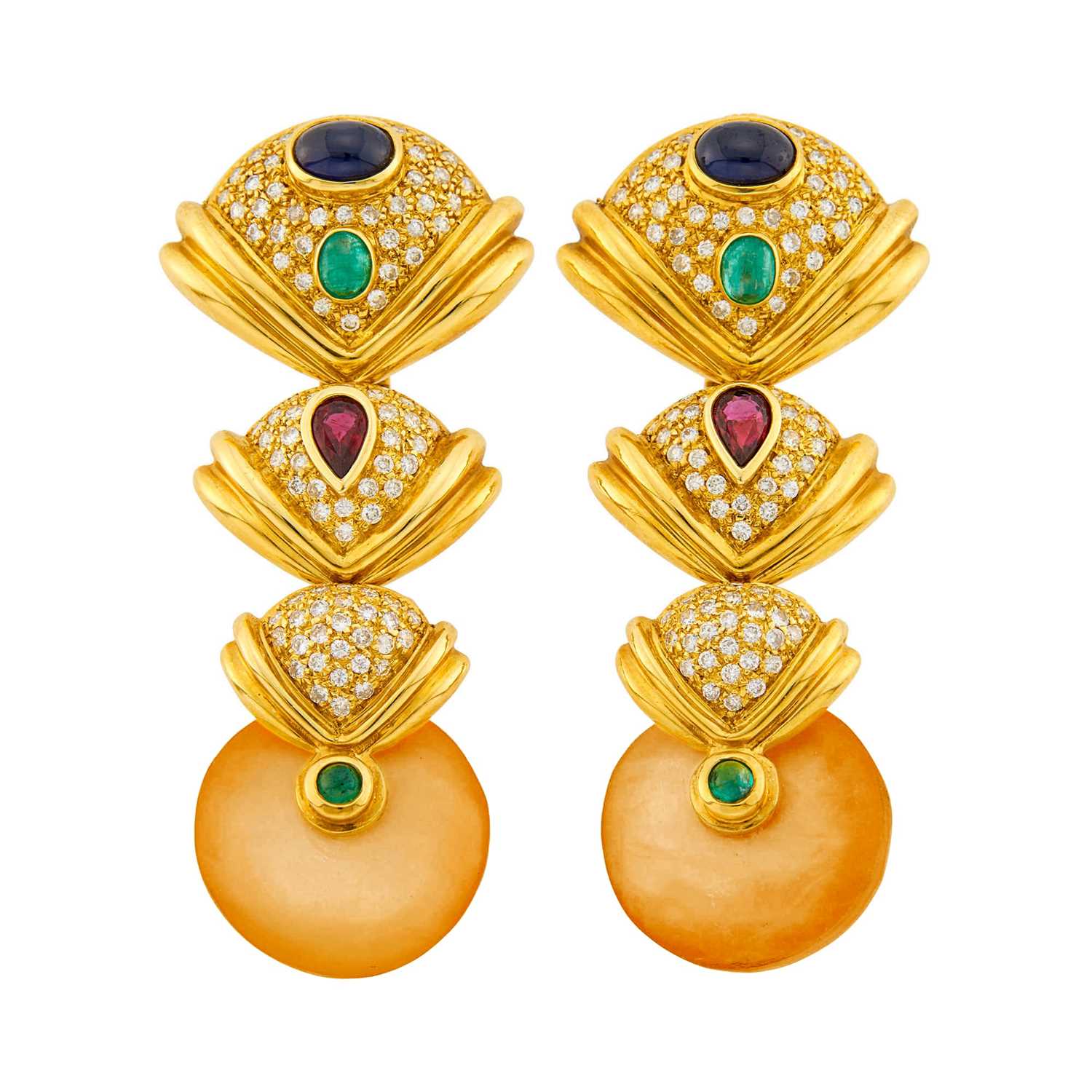 Lot 22 - Pair of Gold, Diamond, Colored Stone and Mother-of-Pearl Pendant-Earclips with Interchangeable Beads