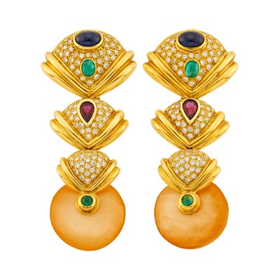 Lot 22 - Pair of Gold, Diamond, Colored Stone and Mother-of-Pearl Pendant-Earclips with Interchangeable Beads