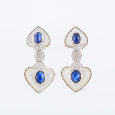 Lot 1222 - Pair of White Gold, Mother-of-Pearl, Cabochon Sapphire and Diamond Pendant-Earclips