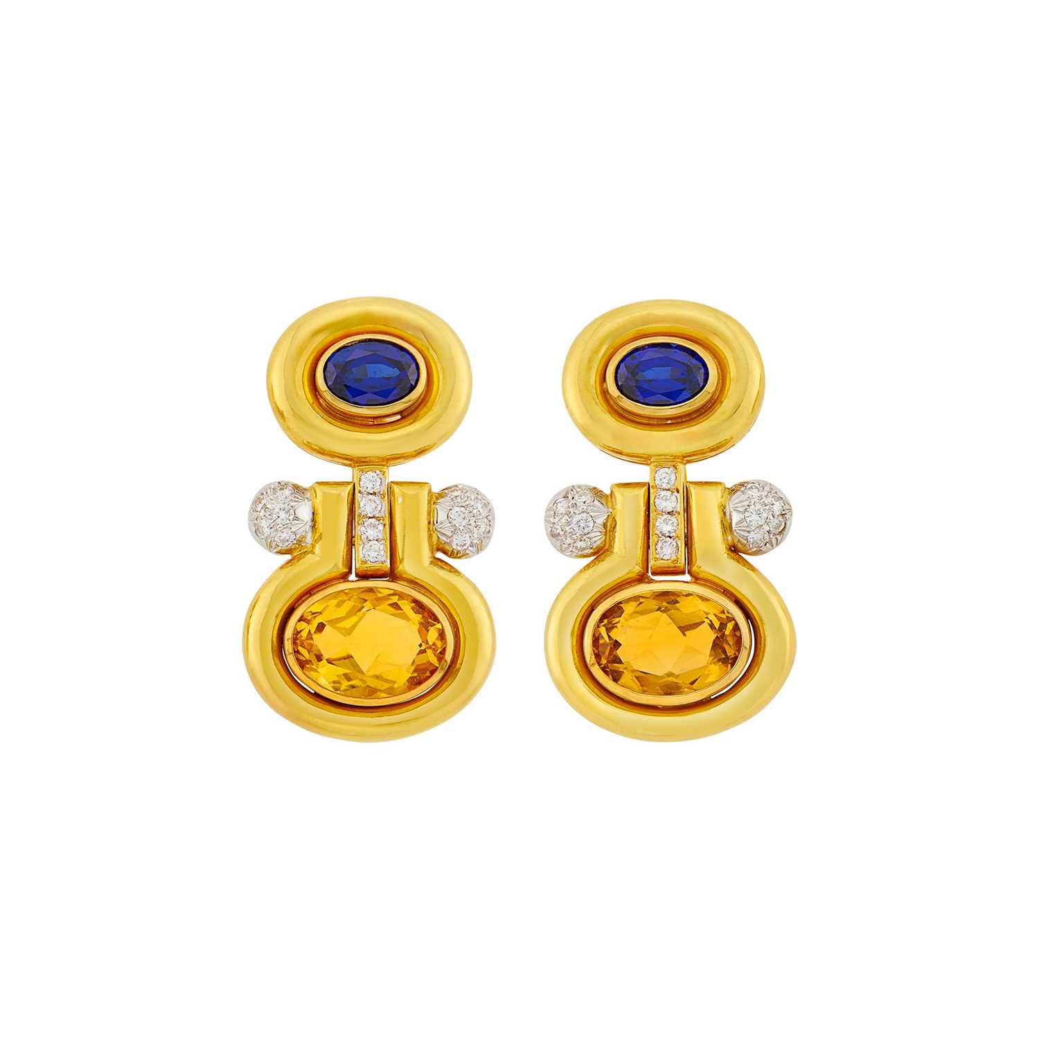 Lot 31 - Pair of Two-Color Gold, Sapphire, Citrine and Diamond Earclips