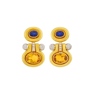 Lot 31 - Pair of Two-Color Gold, Sapphire, Citrine and Diamond Earclips