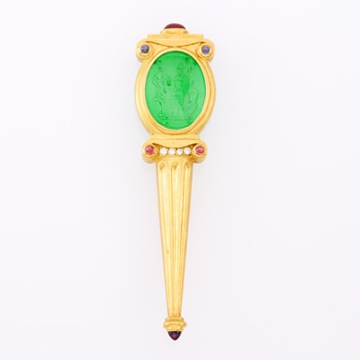 Lot 1018 - Gold, Green Glass Cameo, Cabochon Colored Stone and Diamond Brooch