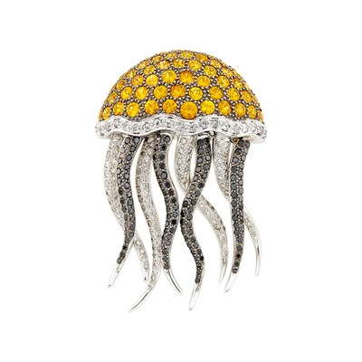 Lot 47 - White and Blackened Gold, Yellow Sapphire, Diamond and Black Diamond Jelly Fish Clip-Brooch