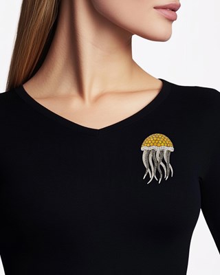 Lot 47 - White and Blackened Gold, Yellow Sapphire, Diamond and Black Diamond Jelly Fish Clip-Brooch