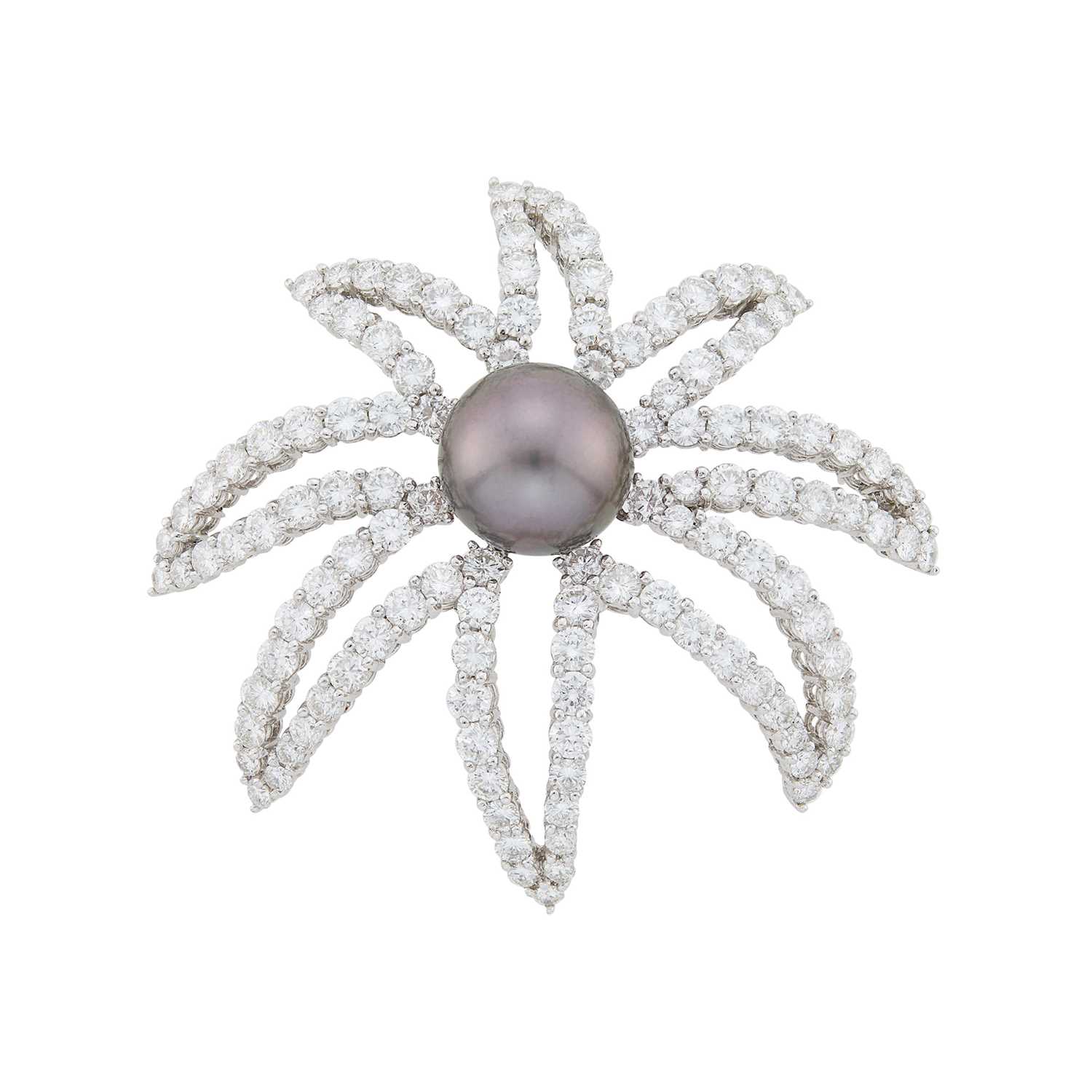 Lot 87 - Platinum, Tahitian Gray Cultured Pearl and Diamond Flower Brooch with Interchangeable South Sea Cultured Pearl