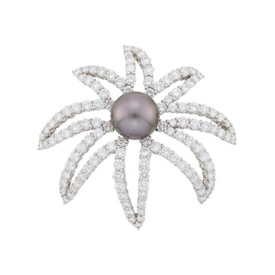 Lot 87 - Platinum, Tahitian Gray Cultured Pearl and Diamond Flower Brooch with Interchangeable South Sea Cultured Pearl