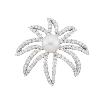 Lot 87 - Platinum, Tahitian Gray Cultured Pearl and Diamond Flower Brooch with Interchangeable South Sea Cultured Pearl